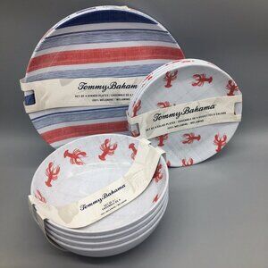 12pc Tommy Bahama Red Lobster Melamine Dinner Salad Plate Bowl Set Blue Stripe
